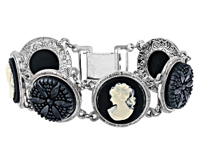 Black & White Resin With Black Crystal Silver-Tone Cameo Bracelet