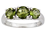 Green Moldavite Rhodium Over Sterling Silver 3-Stone Ring 1.70ctw