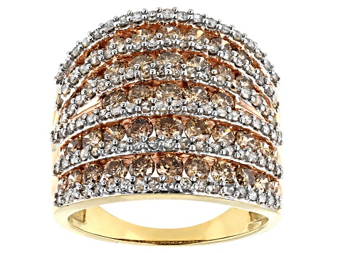 Genuine Champagne And White Diamond 10k Yellow Gold Multi-Row Cocktail Ring 3.00ctw