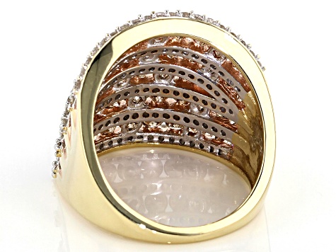 Genuine Champagne And White Diamond 10k Yellow Gold Multi-Row Cocktail Ring 3.00ctw