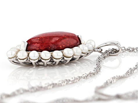 Red Coral Rhodium Over sterling Silver Pendant With Chain