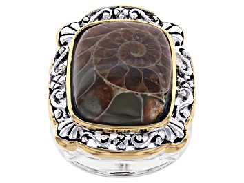 Picture of Brown Ammonite Shell Rhodium & 18k Yellow Gold Over Silver Two-Tone Ring