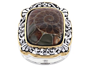 Brown Ammonite Shell Rhodium & 18k Yellow Gold Over Silver Two-Tone Ring