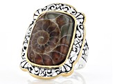 Brown Ammonite Shell Rhodium & 18k Yellow Gold Over Silver Two-Tone Ring