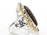 Brown Ammonite Shell Rhodium & 18k Yellow Gold Over Silver Two-Tone Ring