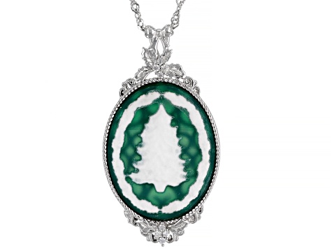 Green & White Agate Rhodium Over Sterling Silver Tree Cameo Pendant With Chain 0.11ctw