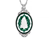 Green & White Agate Rhodium Over Sterling Silver Tree Cameo Pendant With Chain 0.11ctw