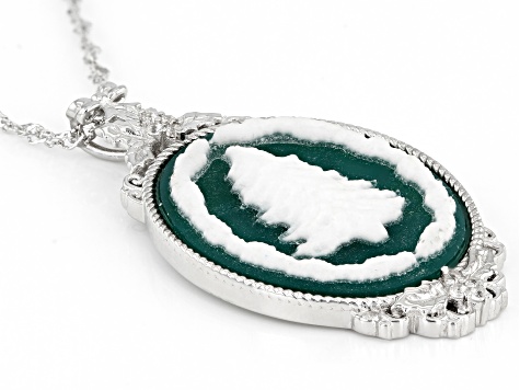 Green & White Agate Rhodium Over Sterling Silver Tree Cameo Pendant With Chain 0.11ctw