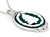 Green & White Agate Rhodium Over Sterling Silver Tree Cameo Pendant With Chain 0.11ctw