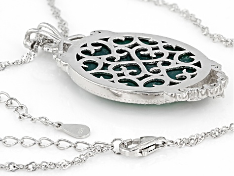 Green & White Agate Rhodium Over Sterling Silver Tree Cameo Pendant With Chain 0.11ctw