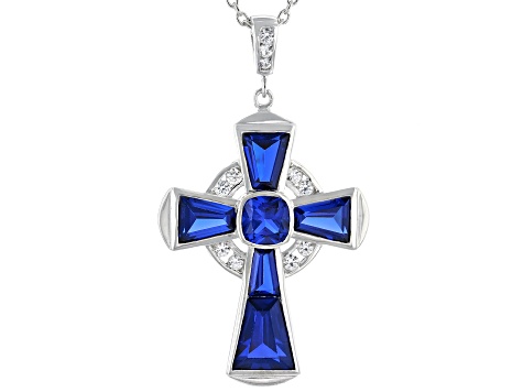 Blue Lab Created Spinel Rhodium Over Silver Cross Pendant Chain 5.86ctw