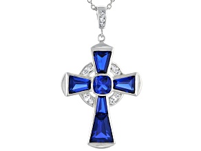 Blue Lab Created Spinel Rhodium Over Silver Cross Pendant Chain 5.86ctw