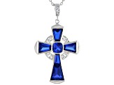 Blue Lab Created Spinel Rhodium Over Silver Cross Pendant Chain 5.86ctw