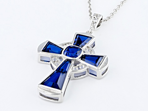 Blue Lab Created Spinel Rhodium Over Silver Cross Pendant Chain 5.86ctw