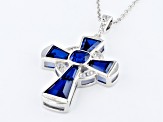 Blue Lab Created Spinel Rhodium Over Silver Cross Pendant Chain 5.86ctw