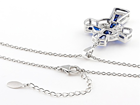 Blue Lab Created Spinel Rhodium Over Silver Cross Pendant Chain 5.86ctw