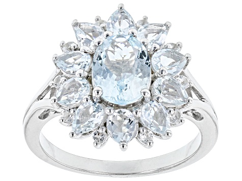 Mixed Shape Aquamarine With White Topaz Rhodium Over Sterling Silver Ring 2.33ctw