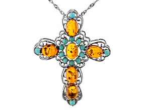 Orange Amber Rhodium Over Sterling Silver Cross Pendant With Chain 8x6mm
