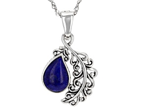 Pear Cabochon Blue Lapis Lazuli  Oxidized Sterling Silver Pendant With Chain 13x9mm