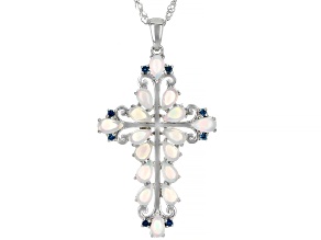 Multi Color Ethiopian Opal Rhodium Over Sterling Silver Cross Pendant With Chain 1.87ctw