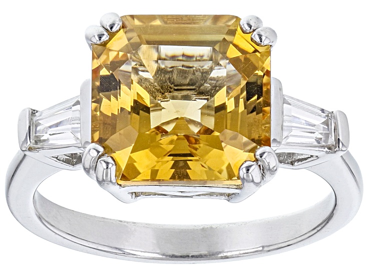 Yellow Citrine Rhodium Over Sterling Silver Ring 4.16ctw