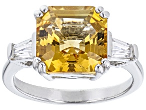 Yellow Citrine Rhodium Over Sterling Silver Ring 4.16ctw