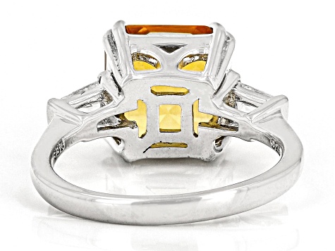 Asscher Cut Brazilian Yellow Citrine With White Zircon Rhodium Over Sterling Silver Ring 4.16ctw