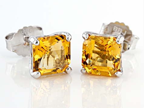 Yellow Asscher Cut Brazilian Citrine Rhodium Over Sterling Silver Stud Earrings 4.15ctw