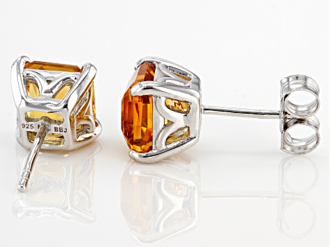 Yellow Asscher Cut Brazilian Citrine Rhodium Over Sterling Silver Stud Earrings 4.15ctw