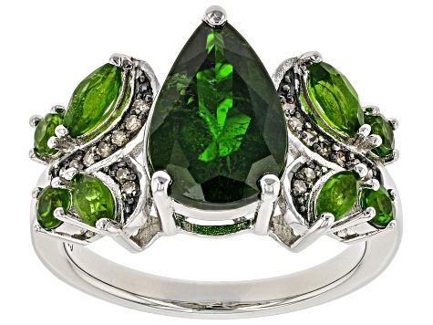 Chrome Diopside And Champagne Diamond Rhodium Over Sterling Silver Ring 3.39ctw