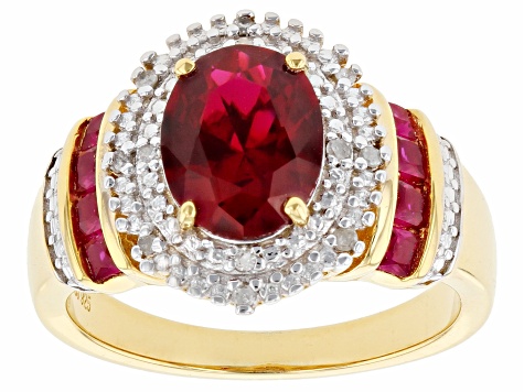 Red Lab Created Ruby With White Diamond 18K Yellow Gold Over Sterling Silver Ring 1.98ctw