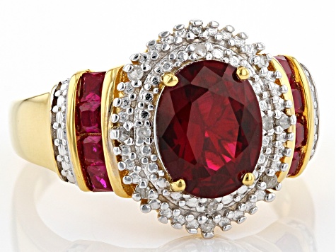 Red Lab Created Ruby With White Diamond 18K Yellow Gold Over Sterling Silver Ring 1.98ctw