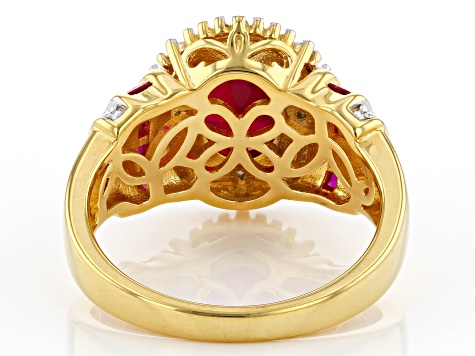 Red Lab Created Ruby With White Diamond 18K Yellow Gold Over Sterling Silver Ring 1.98ctw