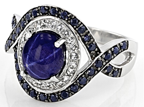 Blue Star Sapphire Rhodium Over Sterling Silver Ring 3.45ctw
