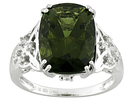 Green Moldavite Rhodium Over Sterling Silver Ring 4.13ctw