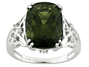Green Moldavite Rhodium Over Sterling Silver Ring 4.13ctw