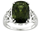 Green Moldavite Rhodium Over Sterling Silver Ring 4.13ctw