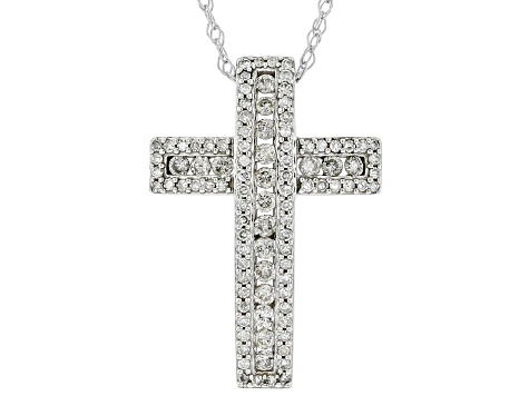 White Diamond 10k White Gold Cross Pendant With 18" Rope Chain 0.50ctw