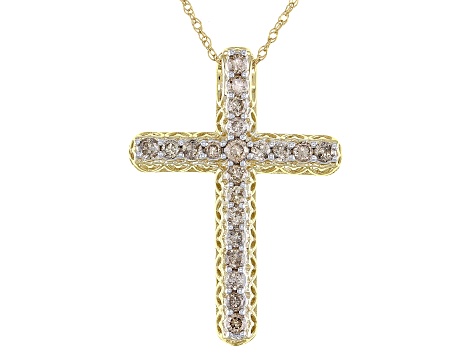 Diamond 10k Yellow Gold Cross Pendant With 18" Rope Chain 0.50ctw