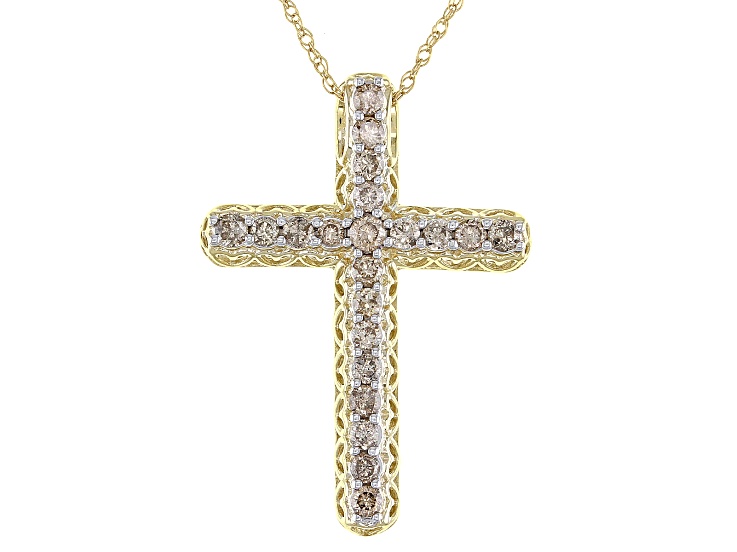 Brilliance Fine Jewelry 10K Yellow Gold with CZ Cross Pendant on 18 inch Gold Filled Chain, Women's, Grey Type