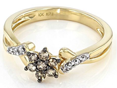 Champagne And White Diamond 10k Yellow Gold Cluster Ring 0.25ctw