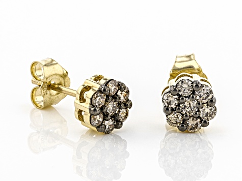 Champagne Diamond 10k Yellow Gold Cluster Stud Earrings 0.50ctw 
