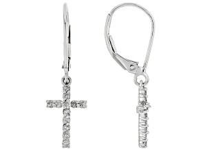 White Diamond 10k White Gold Dangle Cross Earrings 0.25ctw