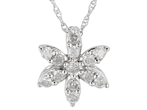 White Diamond 10k White Gold Floral Pendant With 18" Rope Chain 0.25ctw