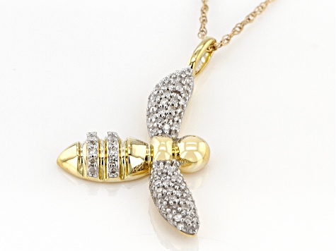 White Diamond 10k Yellow Gold Bee Pendant With 18" Rope Chain 0.15ctw