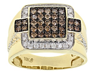 Champagne And White Diamond 10k Yellow Gold Mens Cluster Ring 1.00ctw