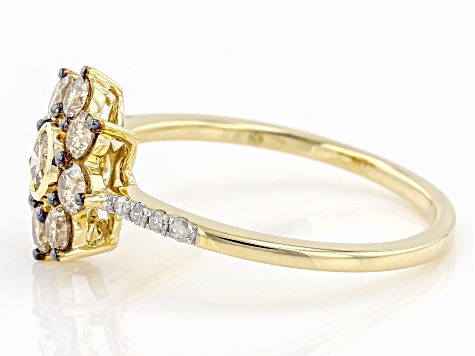 Champagne And White Diamond 10k Yellow Gold Cluster Floral Ring 0.75ctw