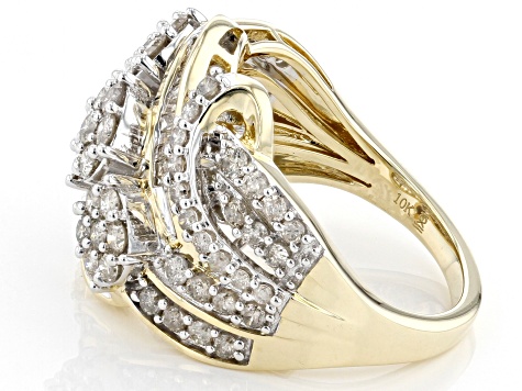 White Diamond 10k Yellow Gold Bypass Cluster Ring 1.50ctw