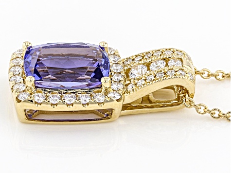 Cruise Ship Collection Blue Tanzanite with Round Diamond 14K Yellow Gold Pendant with Chain 2.13ctw