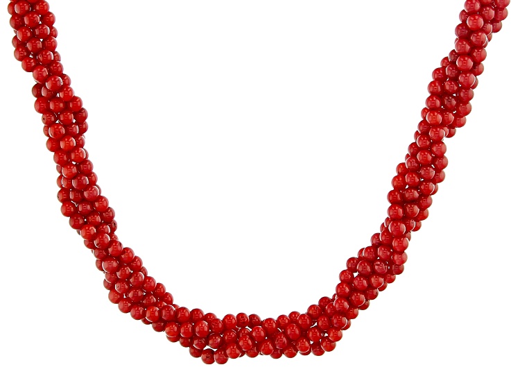 Red coral sterling silver twisted bead necklace - ONH047 | JTV
